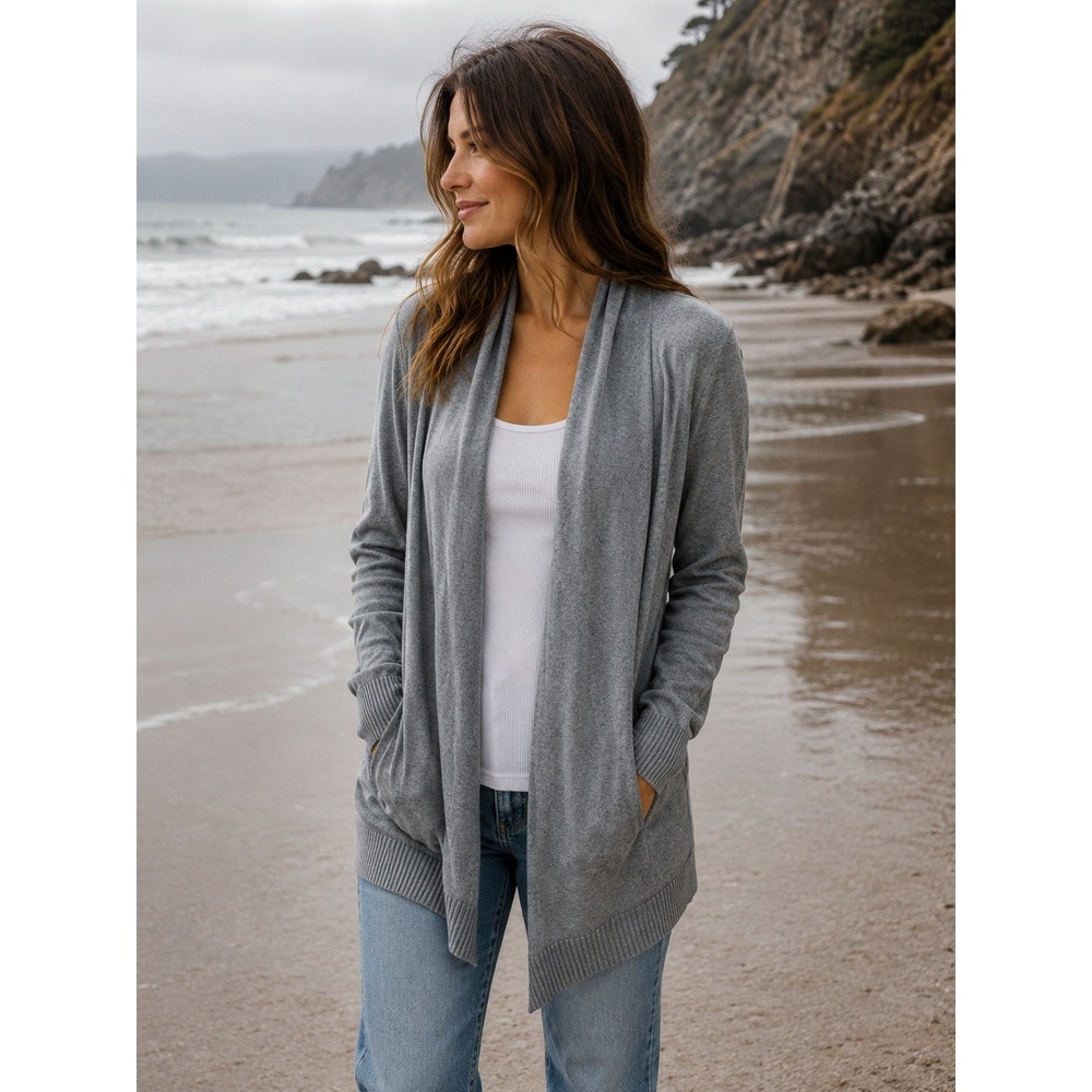 Gray Cotton Modal Open Front Shawl Cardigan Sweater Pockets 2X Plus Size Minimal